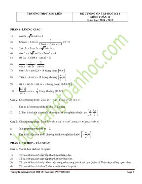 Đề cương ôn tập học kỳ I môn Toán 11 năm học 2014 - 2015